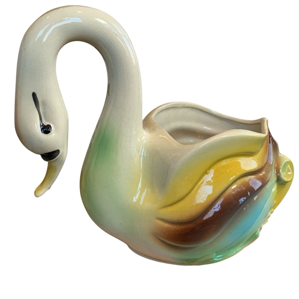Vintage Ceramic Swan Planter Vase Multicolored MCM by Sequoia Ware